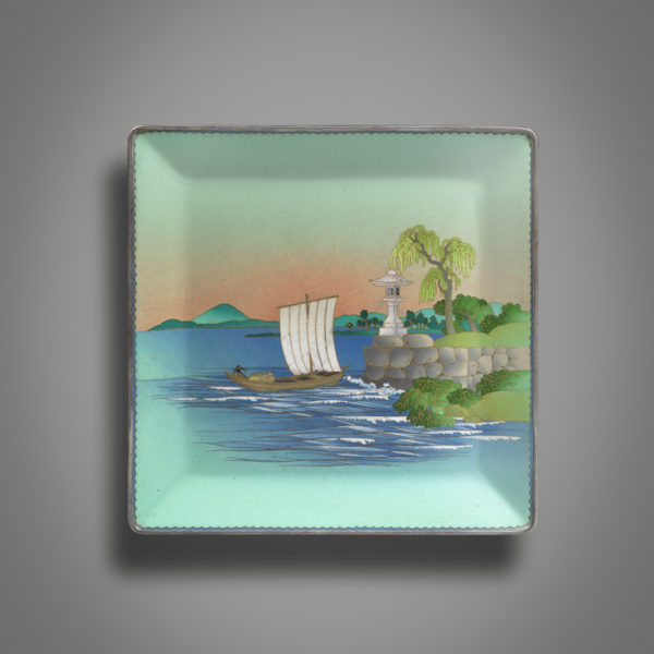 Cloisonné enamel tray with sailing boat at dawn