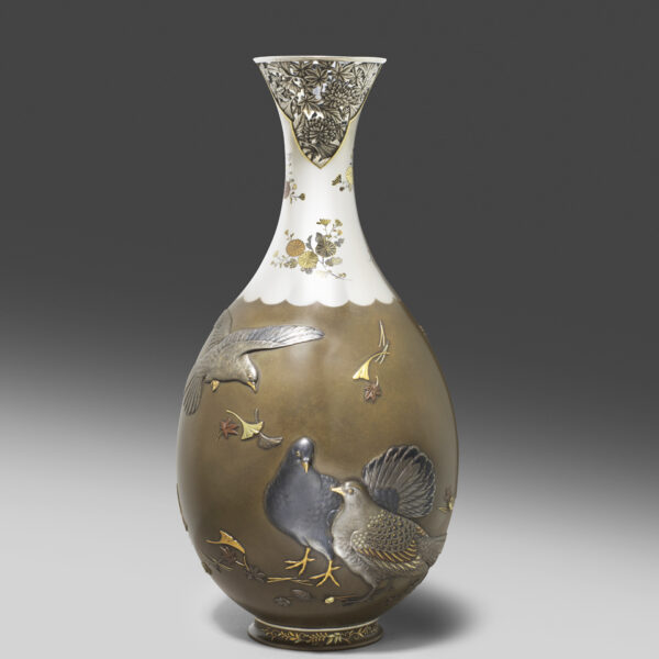 Fine inlaid silver and shibuichi vase with doves and maple leaves